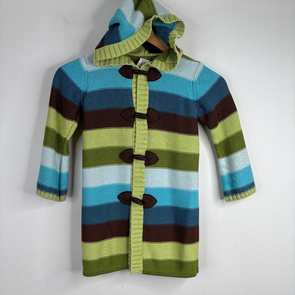 VTG Y2K Gymboree Cardigan 5 Green Blue Stripe Toggle Button Hood Preppy Retro - Picture 1 of 9